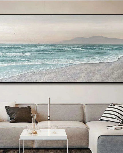 Coastal Calm: Hand-Painted Abstract Ocean Beach Oil Canvas Art