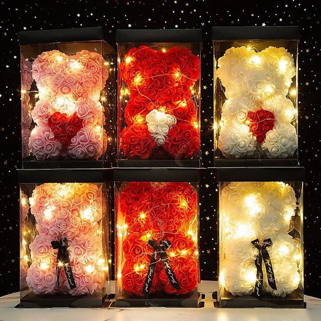 25cm Teddy Rose Flower Bear — Eternal Flower Gift with Box & Warm Lights