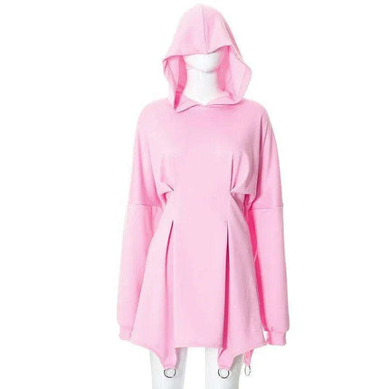 Stylish White Hooded Bodycon Mini Dress with Trendy Waist Tie for Spring