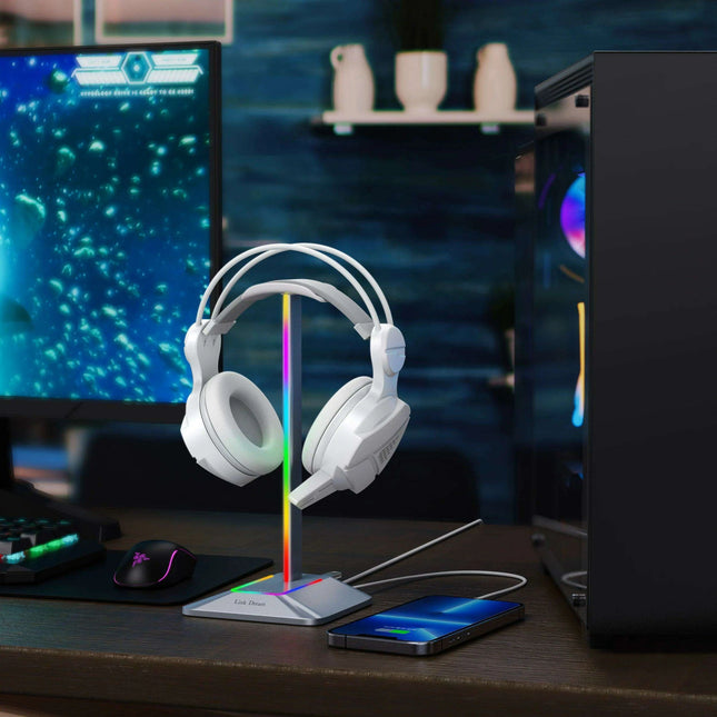 Link Dream Z8 LED Gaming Headset Stand with USB Type-C Connectivity - Elegant Silver Aluminum Earphone Organizer