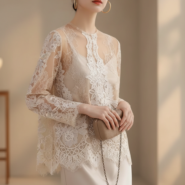 Elegant Long Sleeve Lace Top – Hollow-Out, Round Neck, Apricot