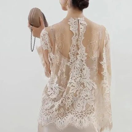 Elegant Long Sleeve Lace Top – Hollow-Out, Round Neck, Apricot