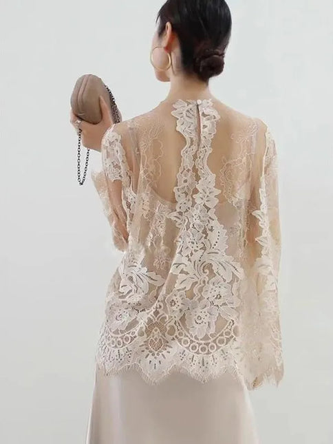 Elegant Long Sleeve Lace Top – Hollow-Out, Round Neck, Apricot