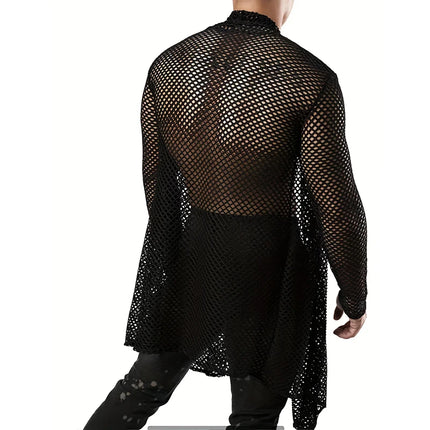 Men's Hollow Out Long Cardigan Shirt — Streetwear Grid Design