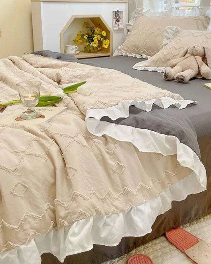 Korean Lace Premium Washed Cotton Summer Quilt Set – Four-Piece Elegance