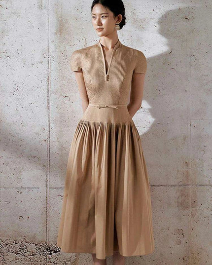 V-neck Bowknot High-Waisted Pleated A-line Evening Dress for Women