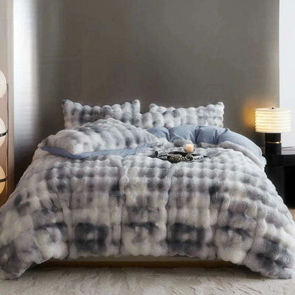 Luxurious Gradient Blue & Grey Faux Rabbit Fur Velvet Fleece Bedding Set with Sheets & Pillowcases