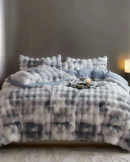 Luxurious Gradient Blue & Grey Faux Rabbit Fur Velvet Fleece Bedding Set with Sheets & Pillowcases