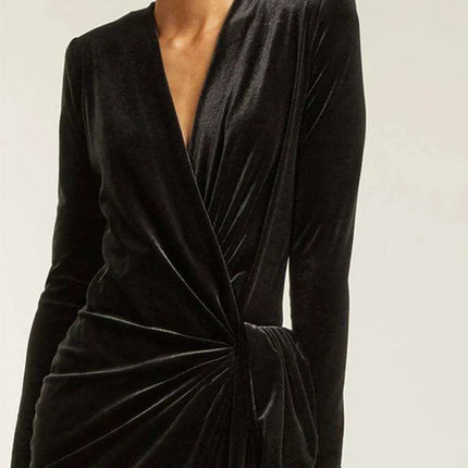 Sophisticated Asymmetrical Velvet Evening Dress with Alluring Deep V-neck
