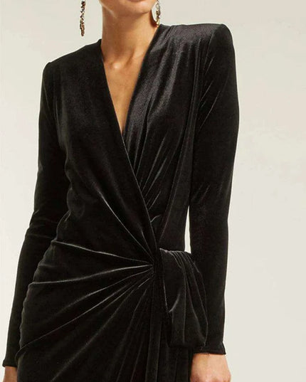 Sophisticated Asymmetrical Velvet Evening Dress with Alluring Deep V-neck
