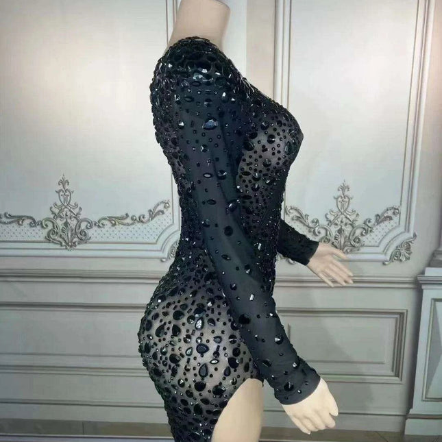 Glistening Black Rhinestone-Studded Sheer Long Sleeve Bodycon Mini Dress