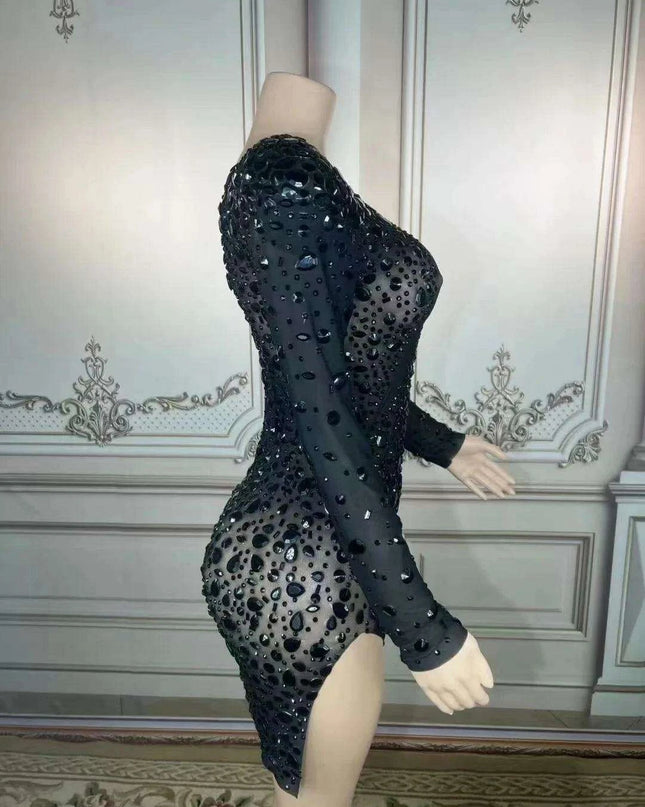 Glistening Black Rhinestone-Studded Sheer Long Sleeve Bodycon Mini Dress