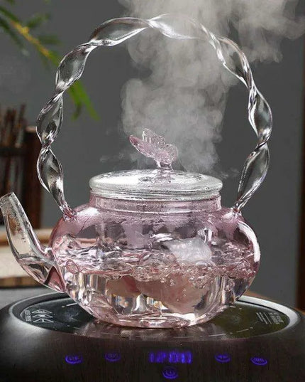 Elegant 700ml Clear Pink Iris Pyrex Teapot - The Perfect Addition to Your Tea Ceremony