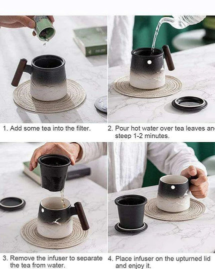 Elegant Vintage Ceramic Tea Mug Collection with Wooden Handle and Infuser Tray