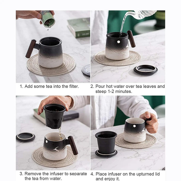 Elegant Vintage Ceramic Tea Mug Set with Wooden Handle and Infuser Tray