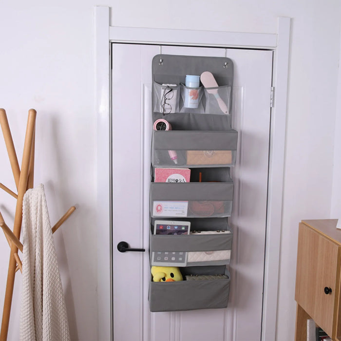 5-Pocket Hanging Door Storage Organizer for Shoes and Accessories with Hooks - Gray