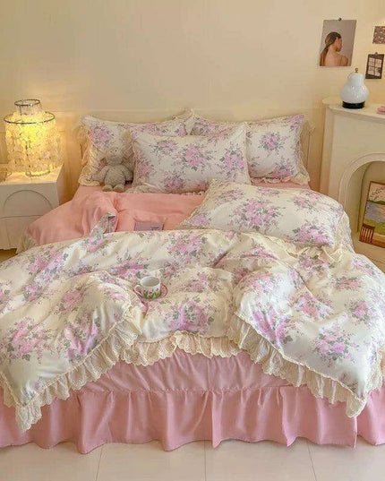 Korean Princess Floral Lace Ruffle Cotton Bedding Collection - Luxurious Single/Queen Duvet Cover, Sheet, and Pillowcase Set (3/4 Pieces)