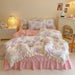 Korean Princess Floral Lace Ruffle Cotton Bedding Collection - Luxurious Single/Queen Duvet Cover, Sheet, and Pillowcase Set (3/4 Pieces)