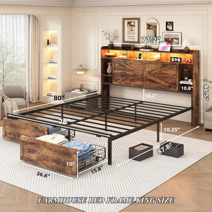 Shop1105673279 Farmhouse King Bed Frame with LED Lights & Storage Draw