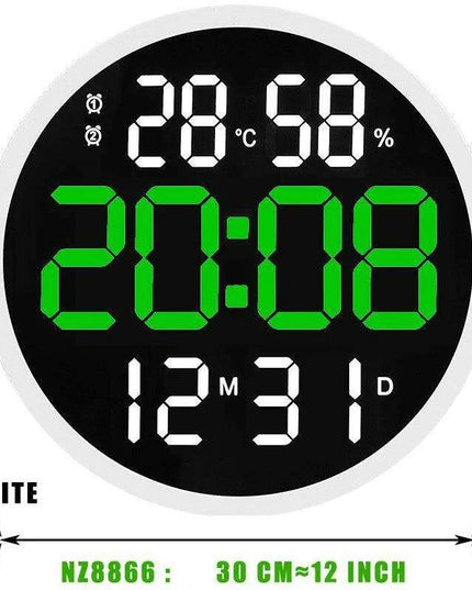 Large 12-Inch Digital LED Wall Clock with Alarm, Calendar, Temperature, and Humidity Display - Modern Home Decor with Smart Brightness Control