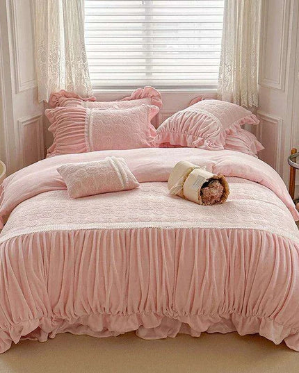Pink Coral Velvet Bedding Set with Ruffled Duvet Cover and Pillowcases, Queen & King Sizes