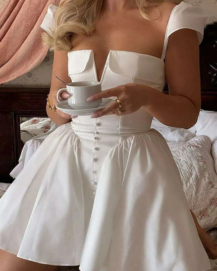 Chic White V-neck A-line Evening Gown with Stylish Button Embellishments and Flowy Pleats for Women