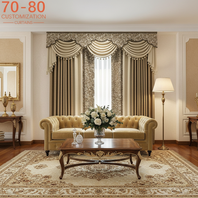 70/80's Vintage French Jacquard Chenille Curtains - Thickened, Custom Pillowcases & Shams vintage-french-jacquard-beige-thickened-chenille-curtains-for-living-room-bedroom-balcony-french-window-customized-valance