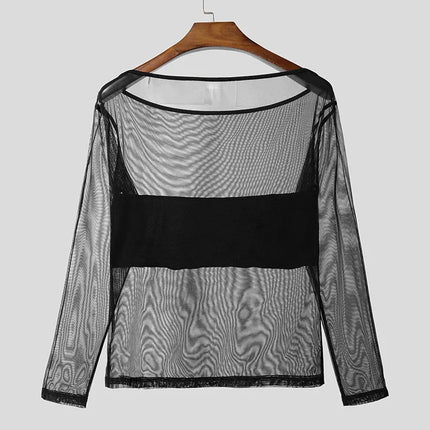 OG Waves Men's Sheer Mesh Off Shoulder Long Sleeve Slim Fit Tee