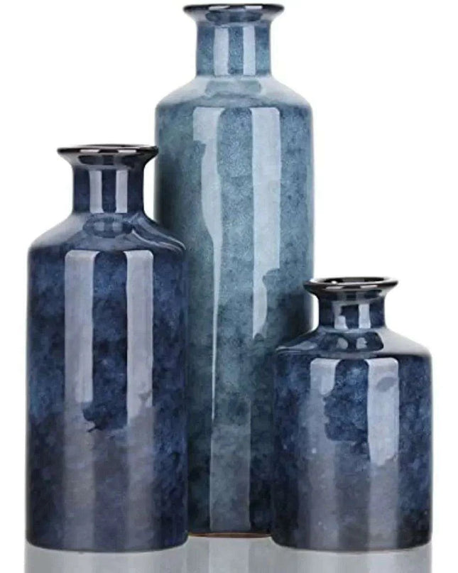 Elegant Blue Ceramic Vases Trio for Stylish Home Enhancement