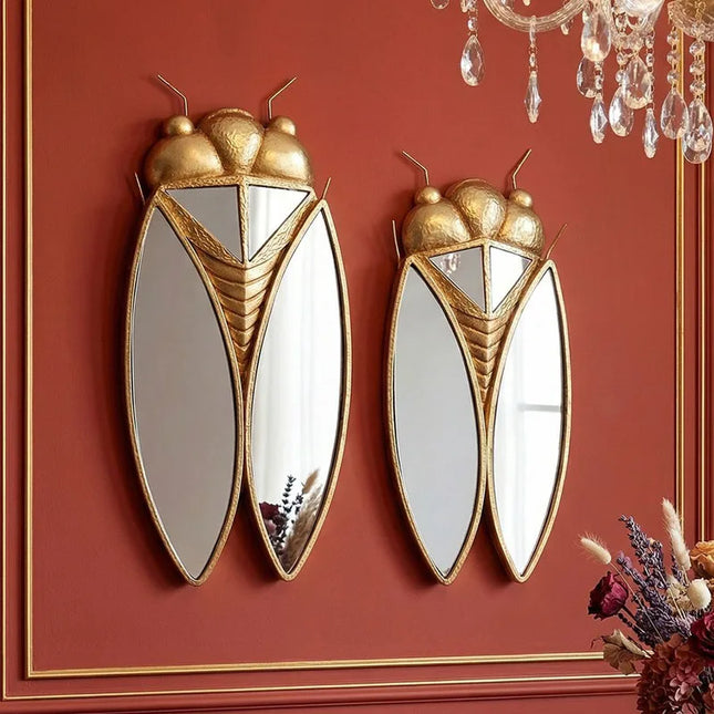 Golden Cicada Mirror Wall Ornament — Resin Insect Wall Mural Decor