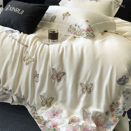 Luxury Butterfly Floral Embroidery Duvet Cover Set - Soft Lyocell Eucalyptus Fiber Bedding with Pillowcases and Flat Sheet
