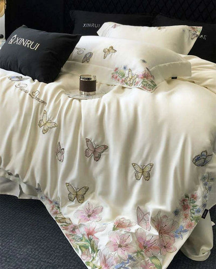Luxury Butterfly Floral Embroidery Duvet Cover Set - Soft Lyocell Eucalyptus Fiber Bedding with Pillowcases and Flat Sheet