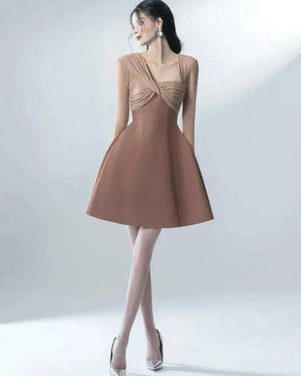 Asymmetrical Patchwork Long Sleeve Square Neck Dress for Women