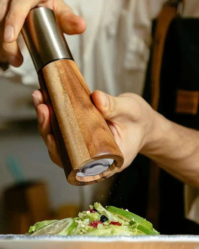 Elegant Acacia Wood and Stainless Steel Spice Grinder Duo - Tailored Grinding for Culinary Excellence
