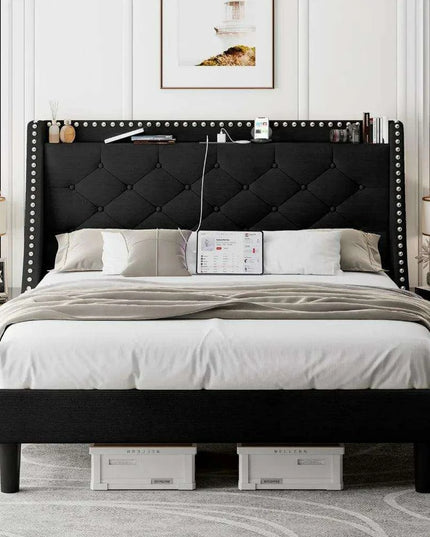 Luxurious Black Wingback Bed Frame with Smart Storage Headboard and Charging Ports