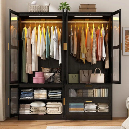 TideRise 4-Door Armoire Wardrobe with LED & Mirror, 71" Black Closet