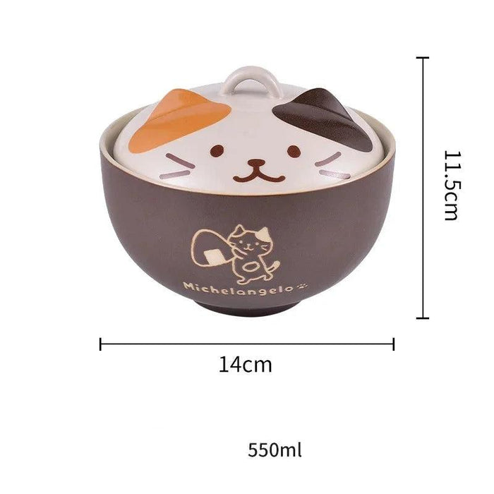 Cartoon Cat Ceramic Noodle Bowl with Lid - Versatile Dining Essential for Meals and Snacks