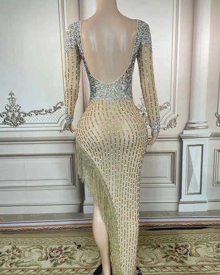 Glamorous Golden Diamond Tassel Evening Gown for Unforgettable Nights in Dubai and Saudi Arabia