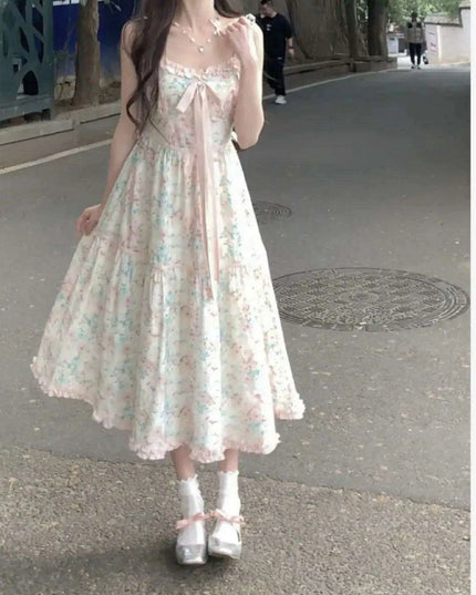 Floral Midi Dress with Adorable Bow - Trendy Korean Style Casual Evening Outfit for Women