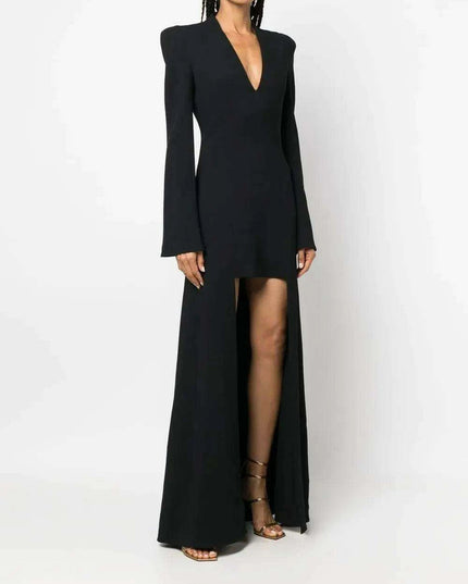 Full-Length Evening Gown with Flare Sleeves and Deep V-Neck