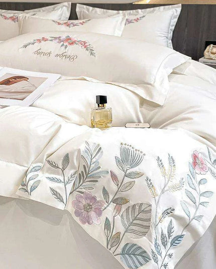 Elegant Floral Embroidered Egyptian Cotton Bedding Collection - Duvet Cover, Bed Sheet & Pillowcases in Soft Pastels