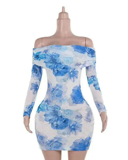 Chic Blue Floral Off-Shoulder Mini Dress for Women - Elegant Backless Long Sleeve High Waist Party Wear for Autumn