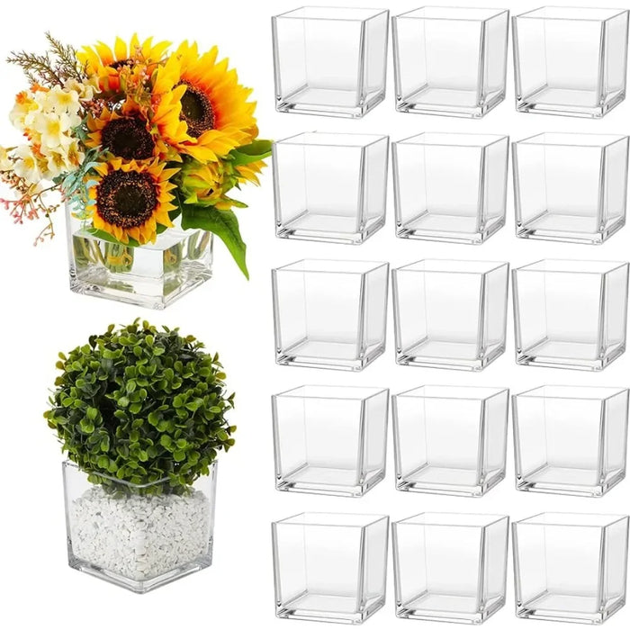 Square Glass Vases Bulk Set - 16-Piece Flower