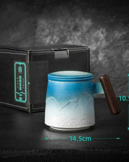 Elegant Vintage Ceramic Tea Mug Collection with Wooden Handle and Infuser Tray