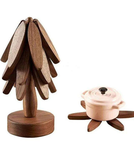 Set of 4 - Walnut Wood Tree-Shaped Heat-Resistant Trivet Set