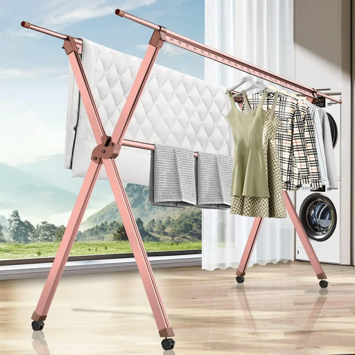 Aluminum Folding Clothes Drying Rack with Adjustable Rods and Windproof Hooks