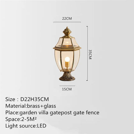 Retro Brass Garden Post Lamp — IP65, LED, 110V/220V