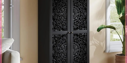 Accent Cabinet with Doors 55" Tall Vintage Storage Black Mid Century Hollow Carved Pantry 1 Drawer Living Room Entryway Hallway accent-cabinet-with-doors-55-tall-vintage-storage-black-mid-century-hollow-carved-pantry-1-drawer-living-room-entryway-hallway