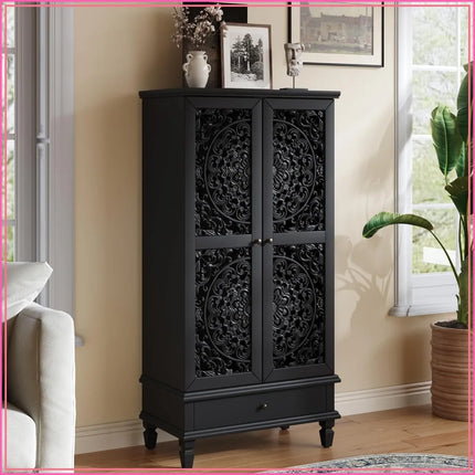 Accent Cabinet with Doors 55" Tall Vintage Storage Black Mid Century Hollow Carved Pantry 1 Drawer Living Room Entryway Hallway accent-cabinet-with-doors-55-tall-vintage-storage-black-mid-century-hollow-carved-pantry-1-drawer-living-room-entryway-hallway