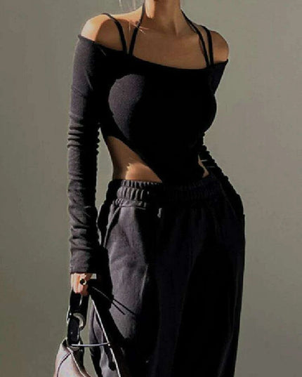 Chic Off-Shoulder Long Sleeve Bodycon Bodysuit - Essential High Waist Black Nightlife Outfit for Women